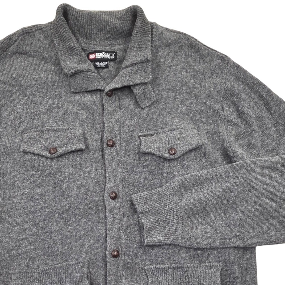 Ecko Unltd Mens Gray Lambswool Blend Button Front Field Cardigan Sweater XXL